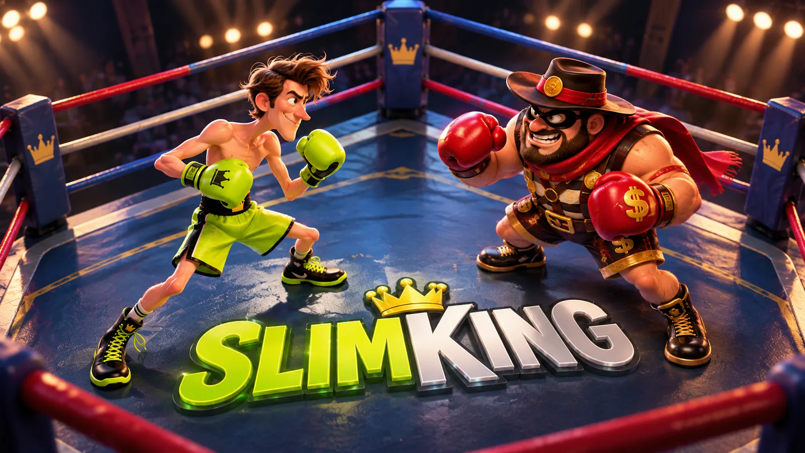 SlimKing boxer in lime-green gloves standing in a boxing ring under bright arena lights