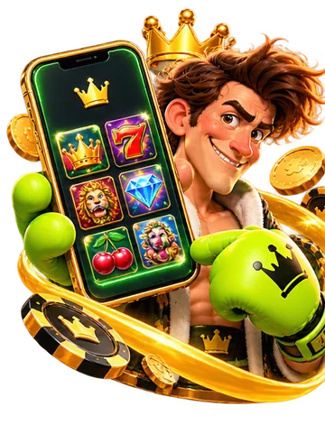 SlimKing boxer holding a phone full of slot games