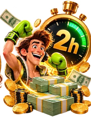 SlimKing boxer celebrating beside a two-hour stopwatch and cash