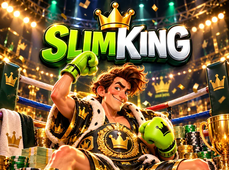 The SlimKing champion in his crown robe, surrounded by chips and cash