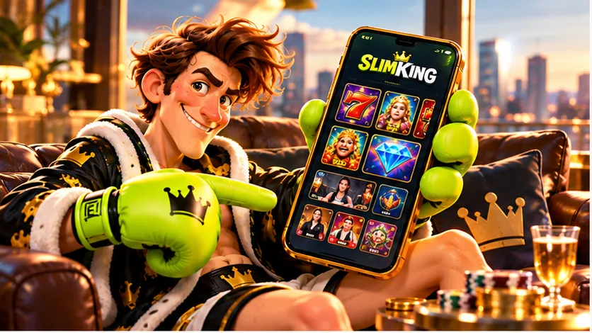 The SlimKing boxer holding up a phone with the SlimKing lobby open