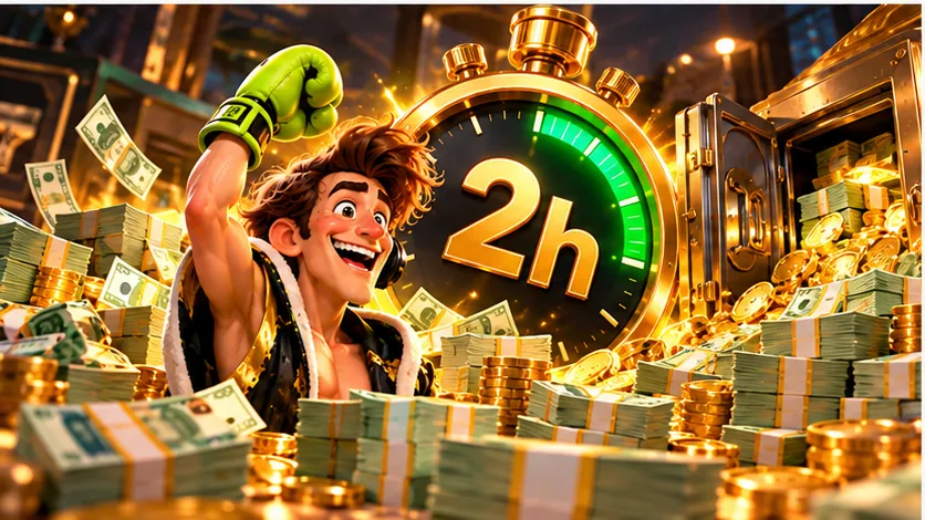 The SlimKing boxer celebrating a fast payout beside a two-hour clock